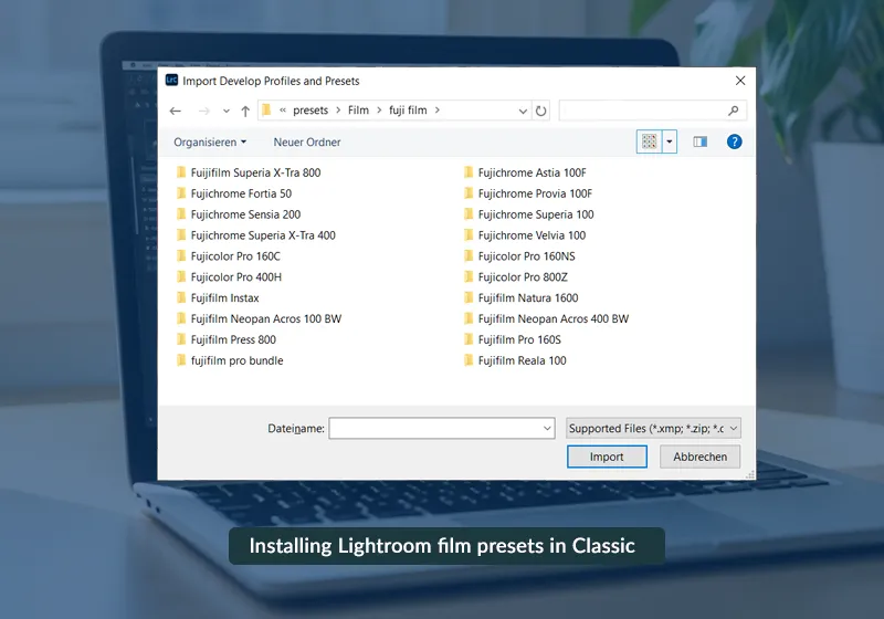 Screenshot of Lightroom Classic presets panel with .xmp files being installed from a Finder folder