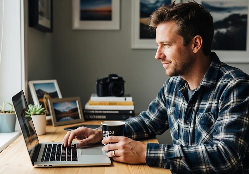 photographer reviewing kodak film lightroom presets at home editing desk
