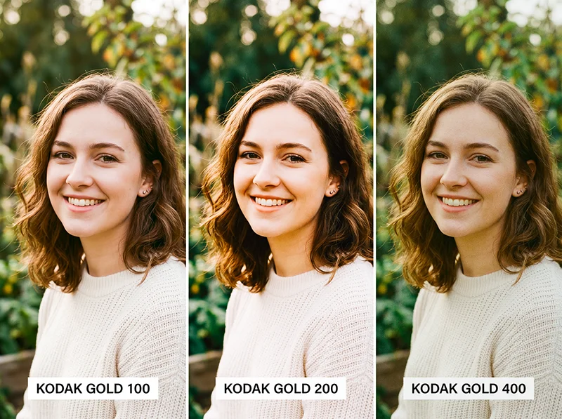 Side-by-side comparison of Kodak Gold 100, Gold 200, and Gold 400 Lightroom presets on the same portrait