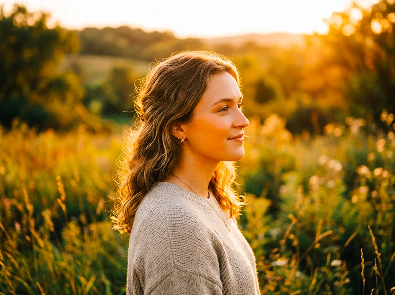 Golden hour outdoor portrait edited with Kodak Gold 200 Lightroom settings, warm peach skin tones, soft backlight, lifted shadows