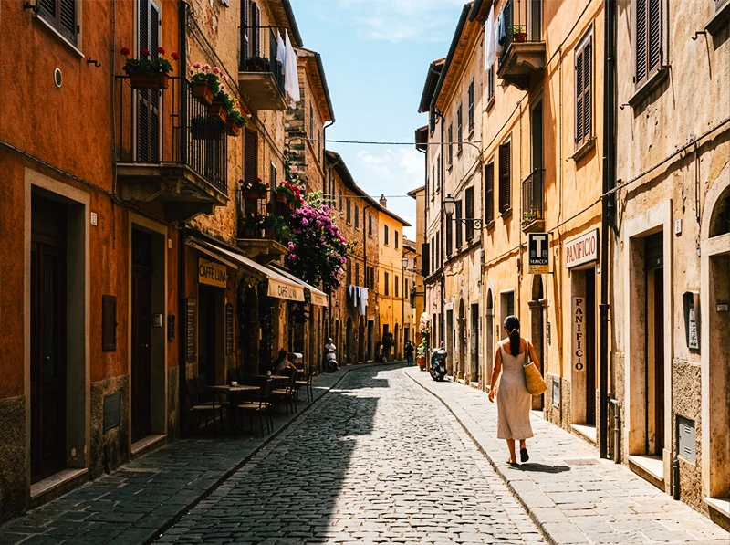 Midday travel street scene with warm terracotta buildings edited in Lightroom with Kodak Gold 200 film color settings