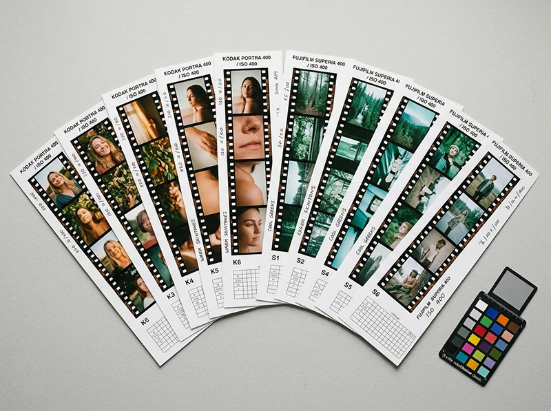 Printed film test strips from Kodak Portra 400 and Fujifilm Superia 400 showing color differences