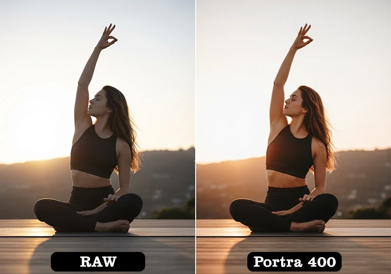 a lifestyle portrait of a women practicing yoga before - after