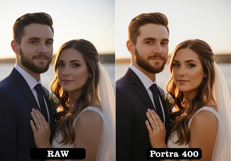a wedding couple portrait before - after