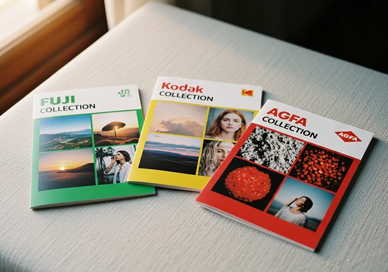 Three Lightroom film preset collection cards representing Fuji, Kodak, and Agfa film families from LegendaryPresets