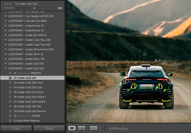 browsing film emulation presets in Lightroom preset panel