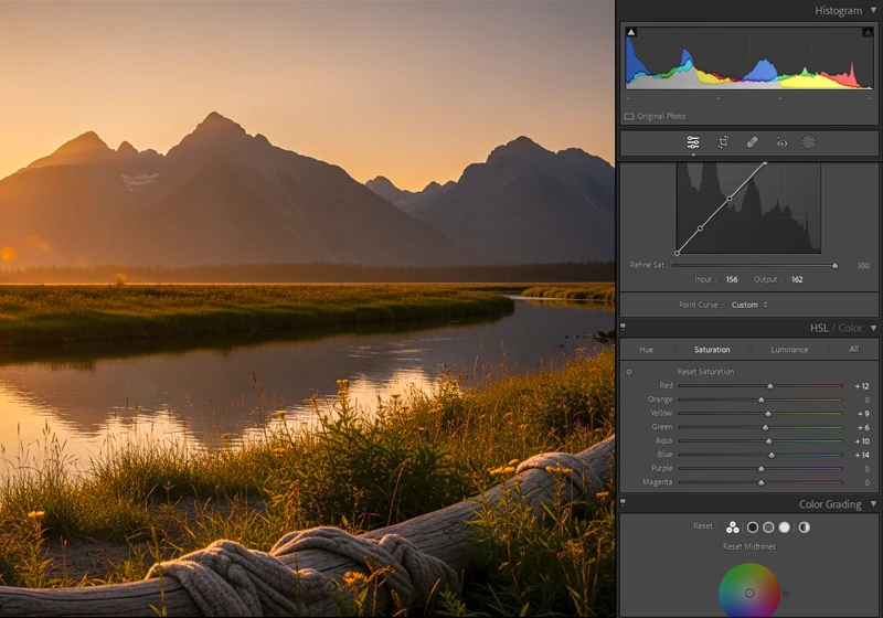 Lightroom HSL and tone curve panels open while replicating Fujifilm film simulation look