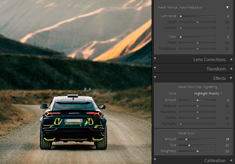 Lightroom grain tool panel showing roughness and size settings for analog film look
