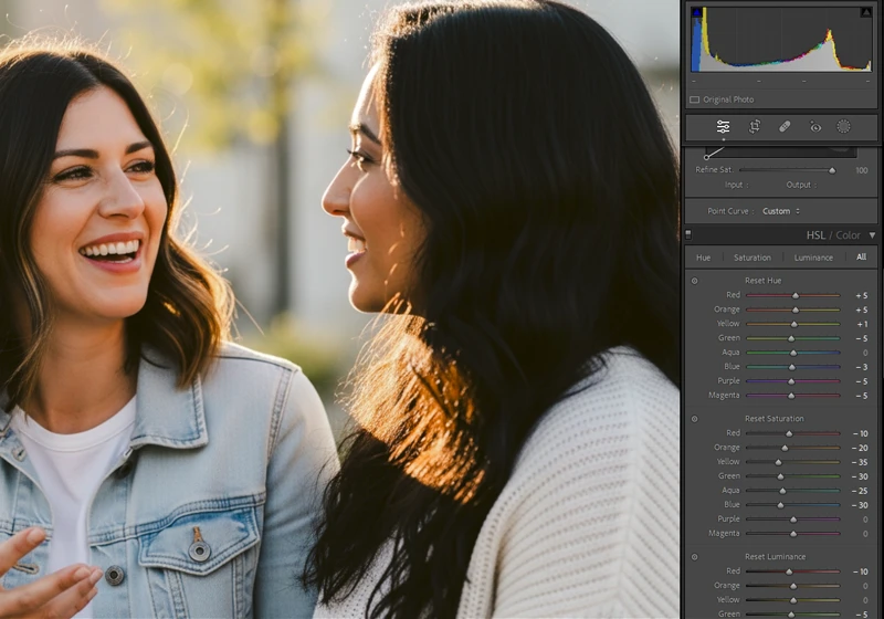 Photographer adjusting Orange Hue slider in Lightroom HSL panel to customise Kodak Portra 400 preset for skin tones