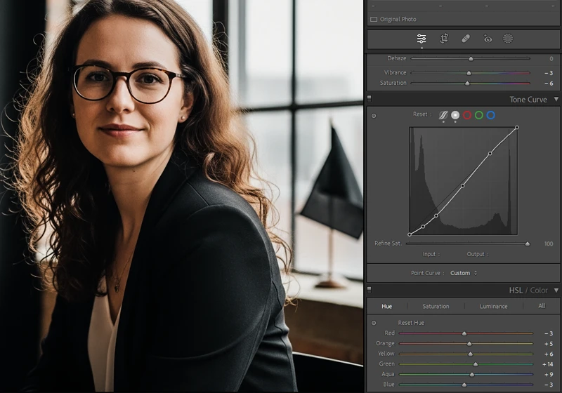 Lightroom tone curve panel showing S-curve for film emulation