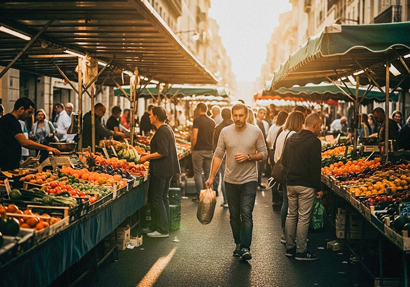 Street market in France travel photo with warm Fujicolor C200 film look applied in Lightroom