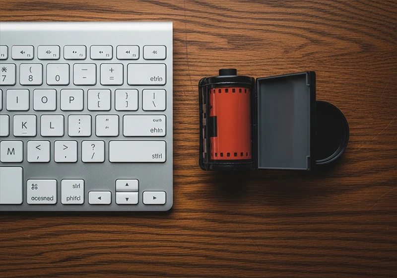 Lightroom preset panel shown on mobile screen next to real 35mm film strip and film canister