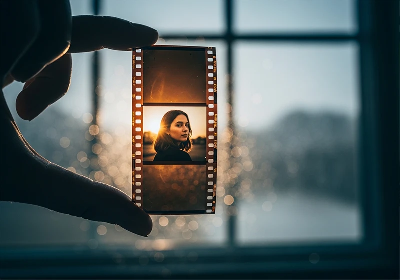 35mm film strip held up to window light showing analog frames