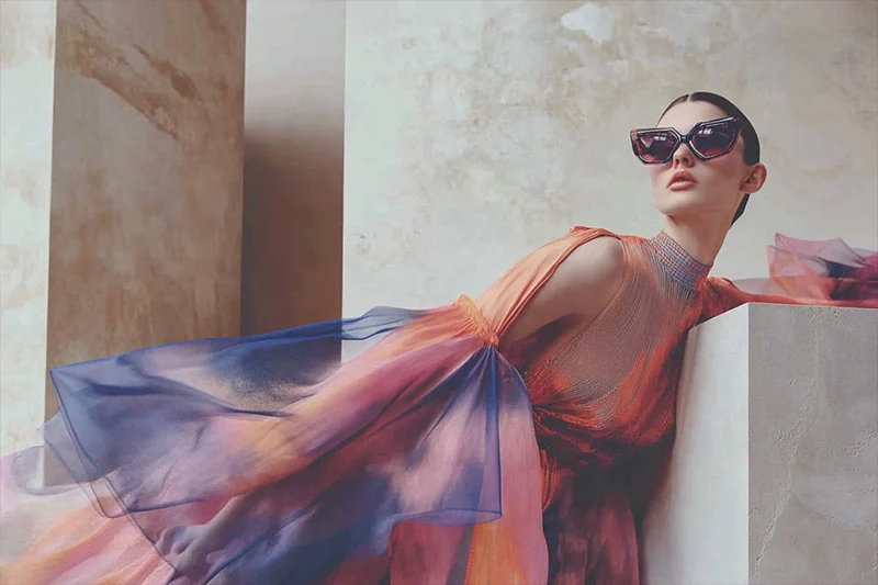 Without preset - russian model wearing a bold, avant-garde outfit with dramatic sleeves