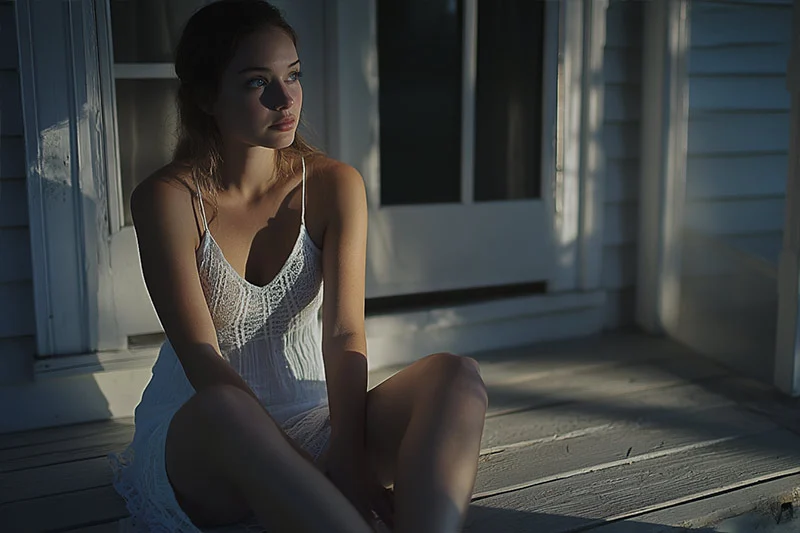 Image without preset - young woman in a white sundress sitting on a porch at night