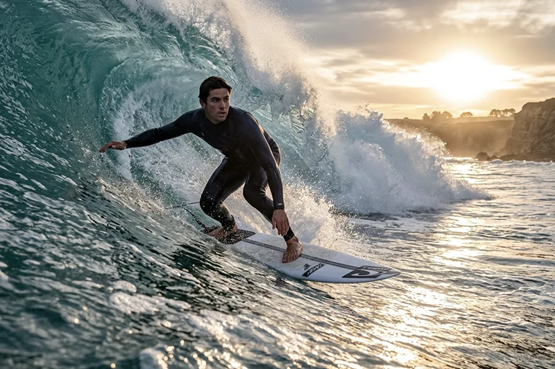 Without preset - A surfer catching a wave at sunrise in Hawaii
