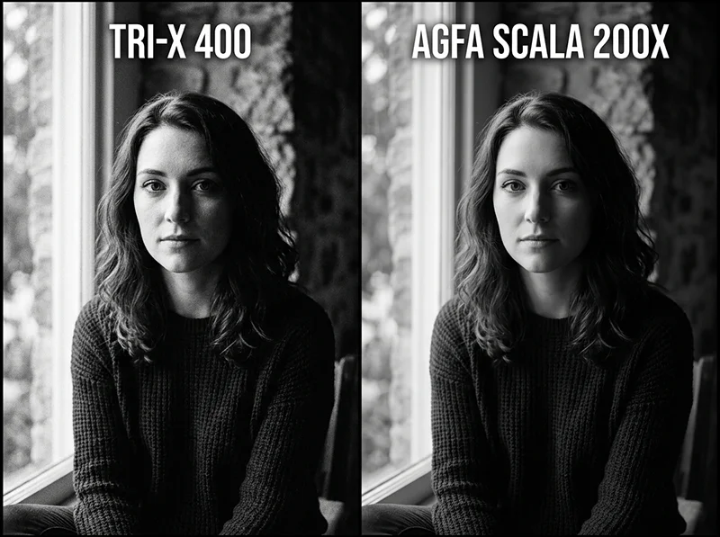 Portrait comparison between Agfa Scala 200X and Kodak TRI-X 400 Lightroom presets