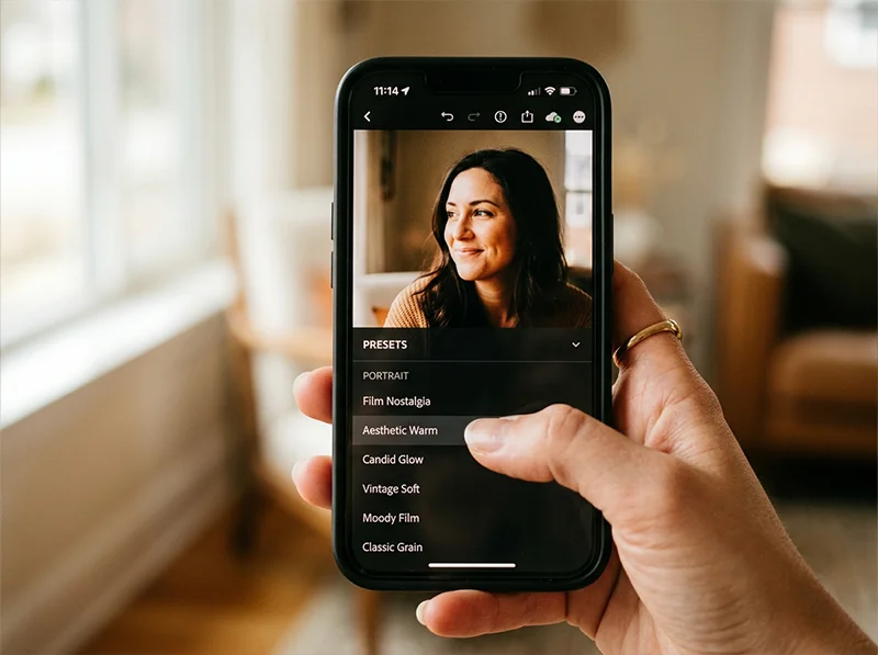 Hand scrolling through Lightroom Mobile presets panel on iPhone