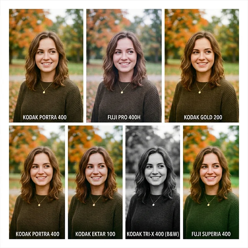 Six film presets compared on mobile phone photo: Portra 400, Pro 400H, Gold 200, Vista 400, TRI-X 400, Superia 400
