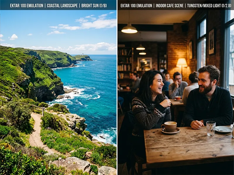 Side-by-side comparison showing Ektar 100 preset working well on a bright coastal landscape versus struggling in an indoor cafe setting