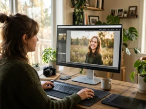 Photographer using Lightroom Classic with presets panel open showing film preset applied to portrait