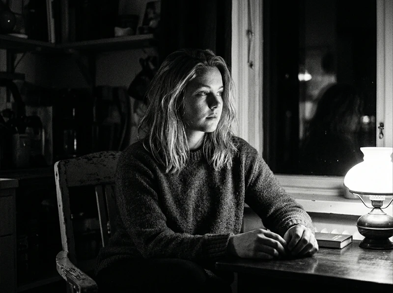 Low-light indoor portrait edited with Fuji Neopan 1600 Lightroom preset showing heavy grain and high contrast