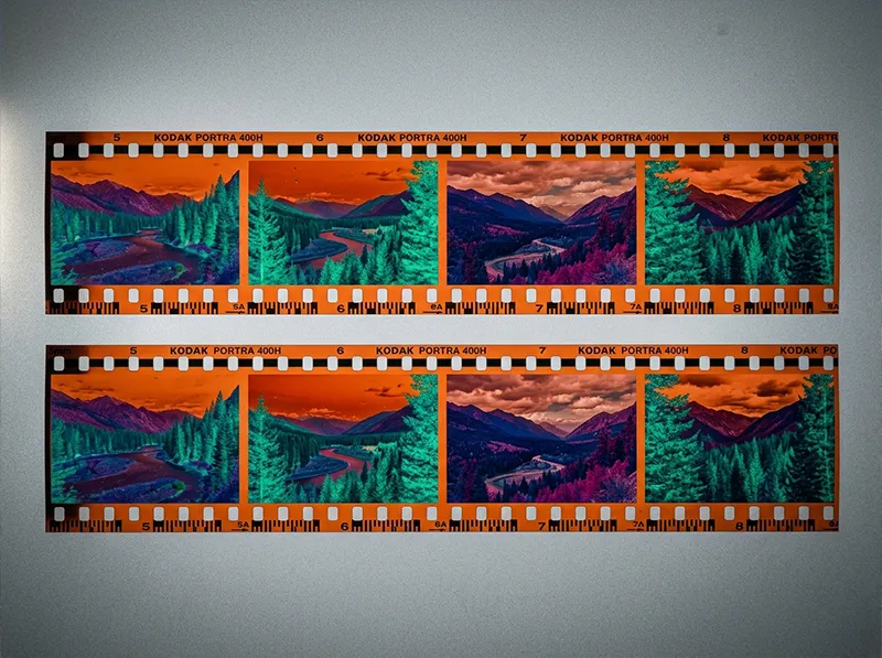 Kodak Ektar 35mm color negative strip on a grey surface