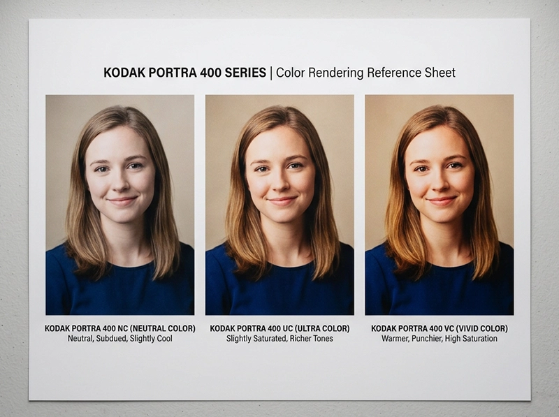 Side-by-side printed comparison of Kodak Portra 400 NC, UC, and VC color variations