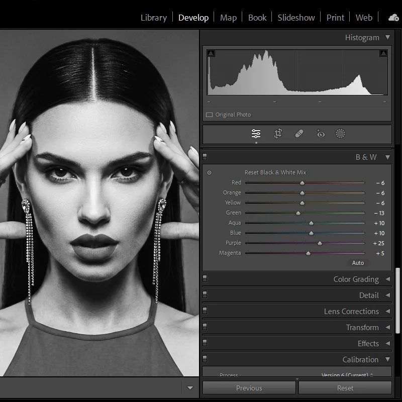 Lightroom B&W Mix panel showing Kodak TRI-X 400 preset channel response values