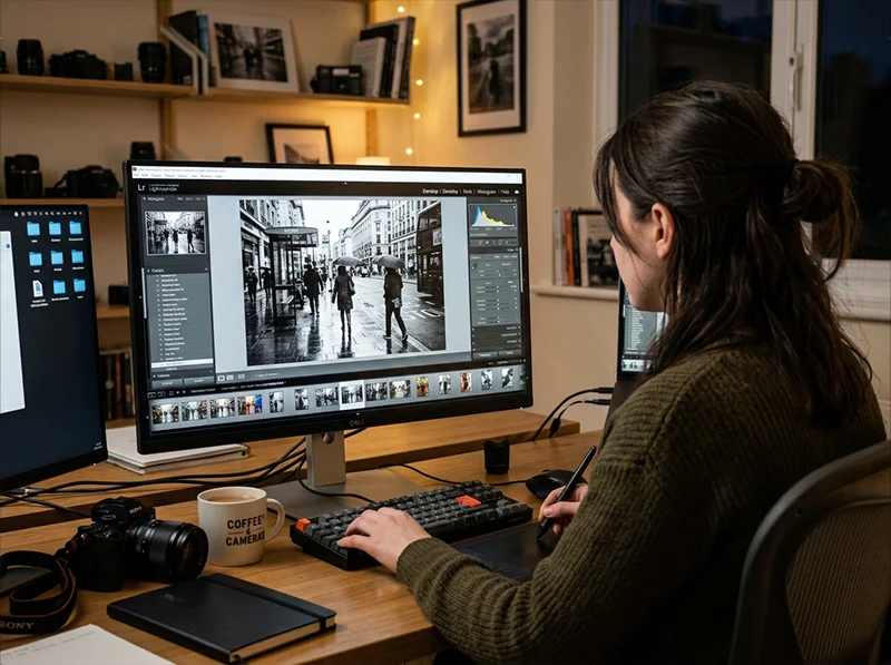 Photographer editing street photography with Kodak TRI-X 400 Lightroom preset