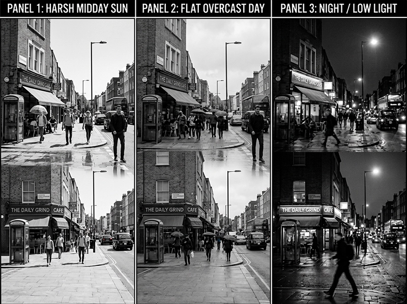 Kodak TRI-X 400 Lightroom preset applied across three different street photography lighting conditions