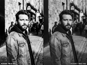 Side by side comparison of Kodak TRI-X 400 and T-MAX 400 Lightroom presets on street portrait
