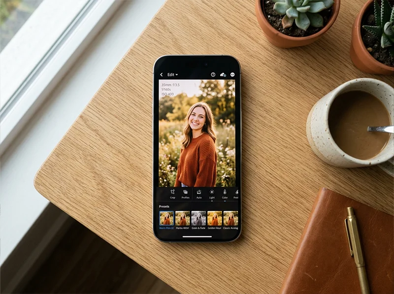 iPhone flat on a table showing the Lightroom mobile app with a warm film preset applied to a portrait