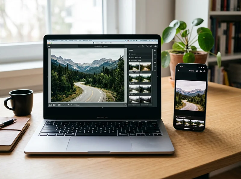 Laptop open to Lightroom Classic Develop module and iPhone showing Lightroom mobile app on the same desk