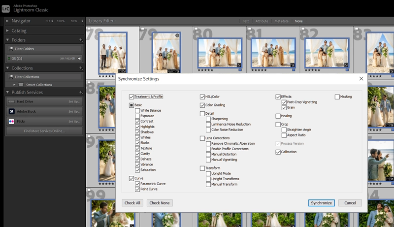 Lightroom Classic library grid view with multiple images selected and Sync Settings dialog open
