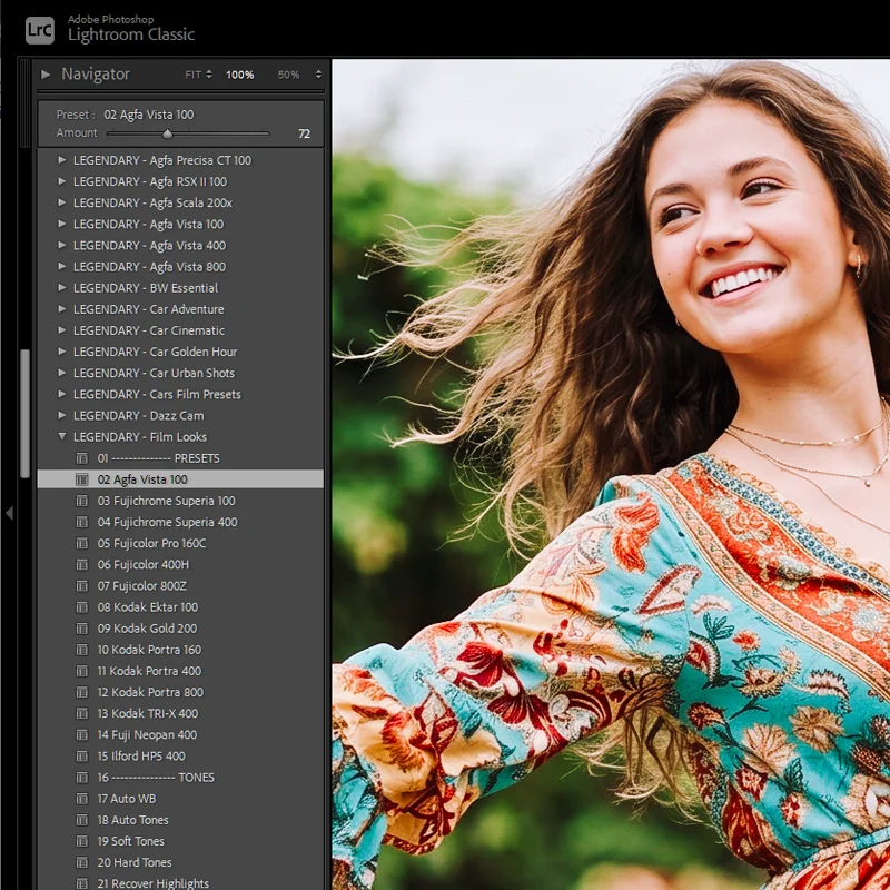 Lightroom Classic presets panel showing Adobe built-in presets folder expanded