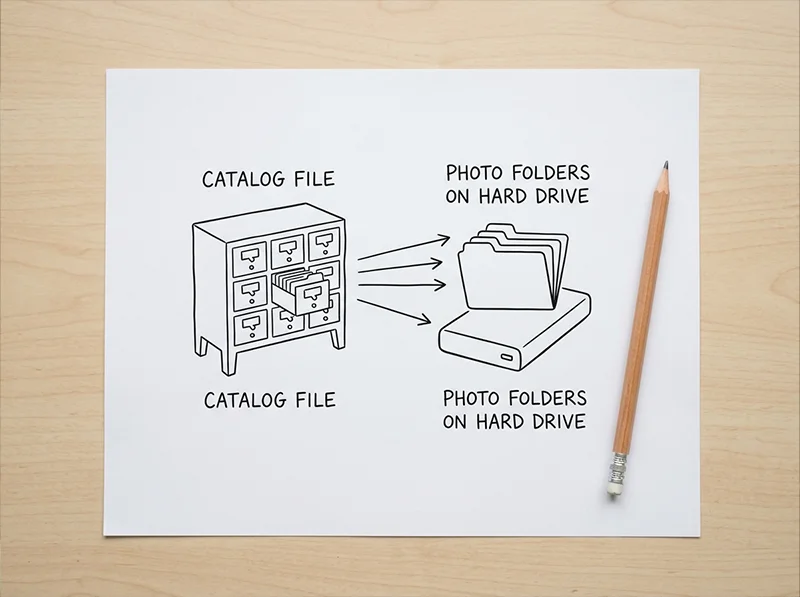 Hand-drawn diagram showing the relationship between a Lightroom Classic catalog file and photo folders on a hard drive 