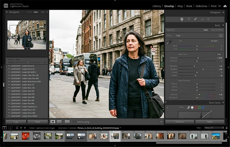 Lightroom Classic Develop module open on a large monitor with full panel layout showing a RAW photo being edited