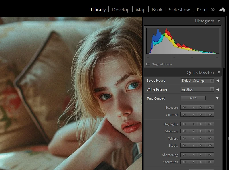 Lightroom Classic module picker showing Library, Develop, Map, Book, Slideshow, Print, and Web modules