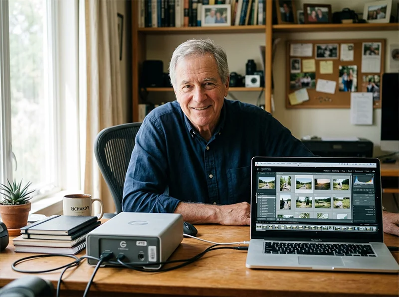 Phtotographer at his desk with Lightroom Classic open on his laptop next to an external hard drive