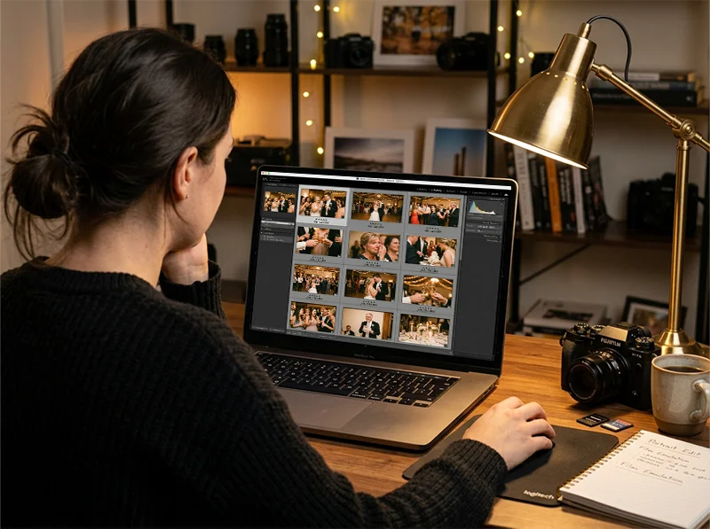 Lightroom Classic grid view showing consistent film preset applied across a wedding gallery