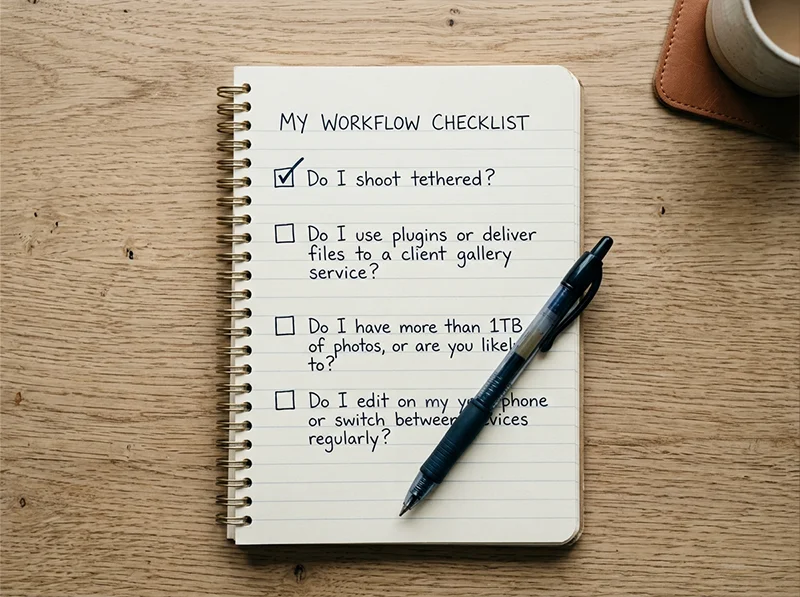 Handwritten checklist on a notepad with four photography workflow questions