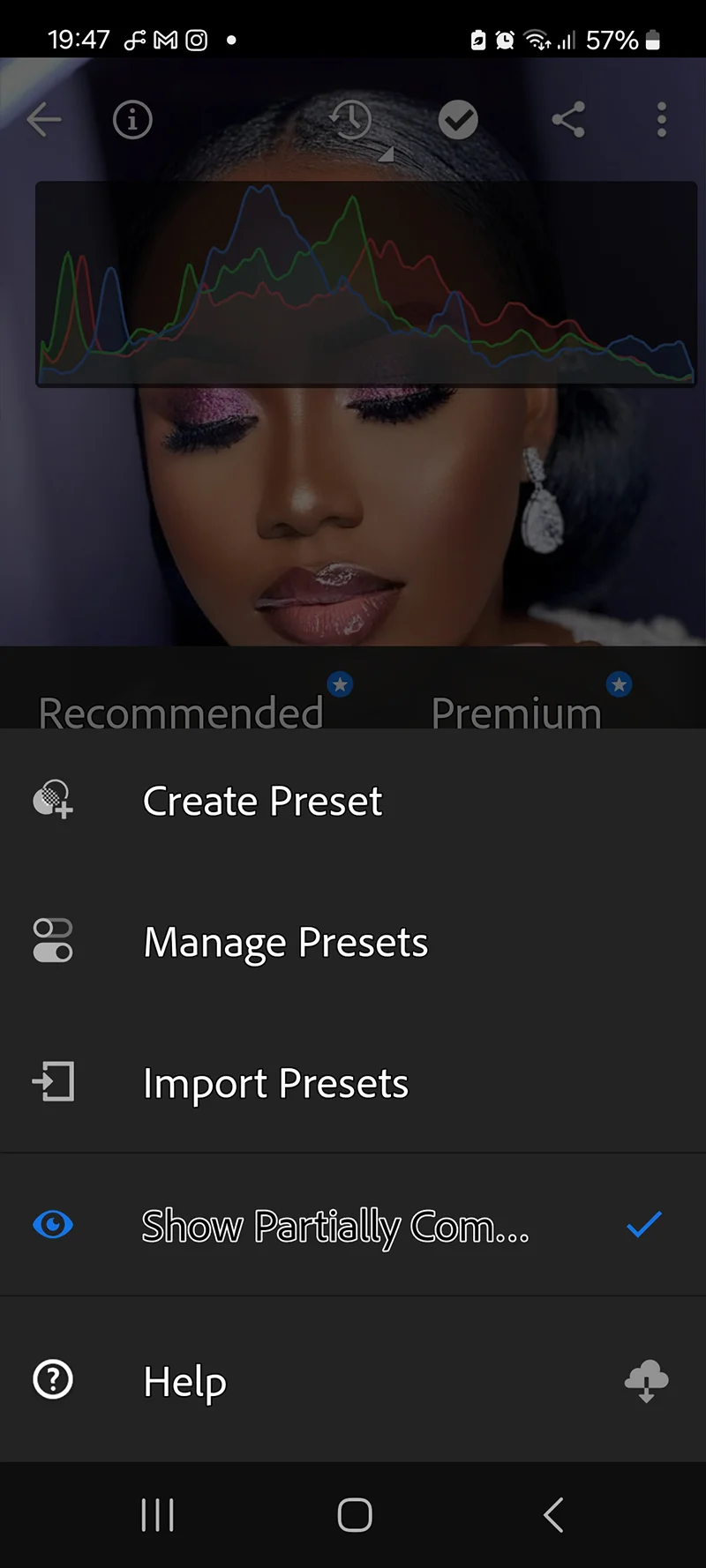 Lightroom Mobile on Android smartphone showing Import Presets option in the three-dots menu