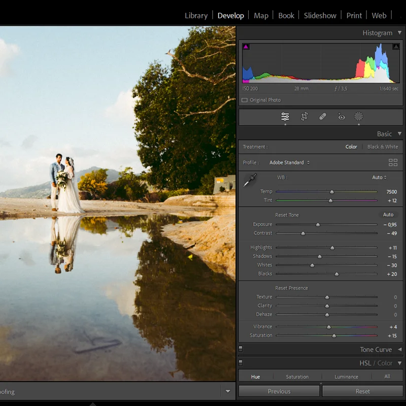 Lightroom Classic Basic panel showing exposure and white balance adjustment after preset applied