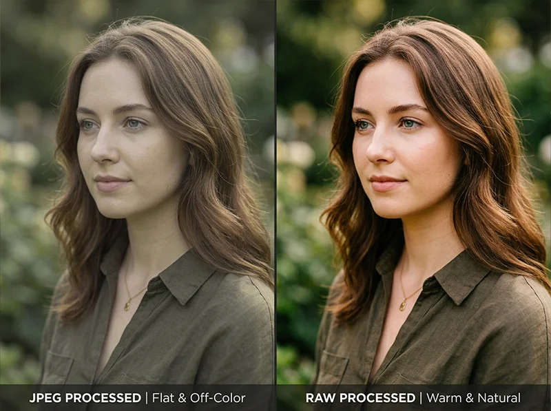 Side by side comparison of Lightroom film preset applied to JPEG versus RAW file