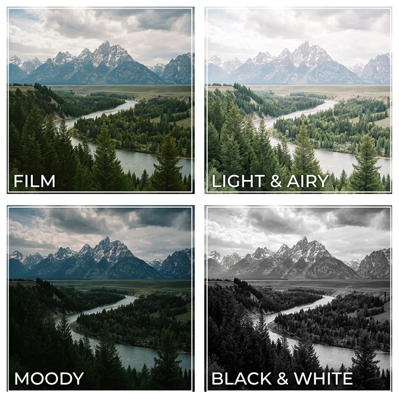 Four different Lightroom preset styles applied to the same landscape photo