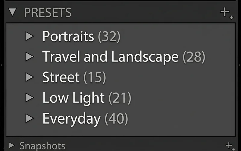 Lightroom Classic presets panel showing organized folder structure with five genre-based preset folders