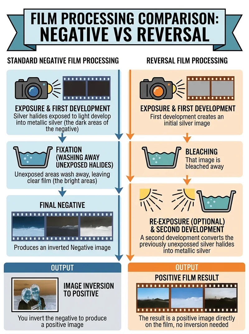 Diagram comparing negative film processing and reversal film processing for Agfa Scala 200X