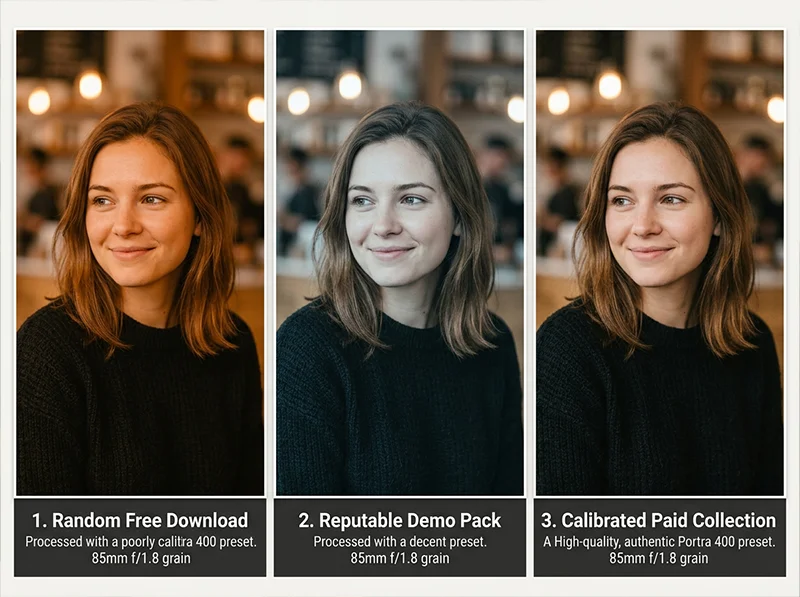 Three versions of the same portrait processed with different Portra 400 Lightroom presets showing quality difference