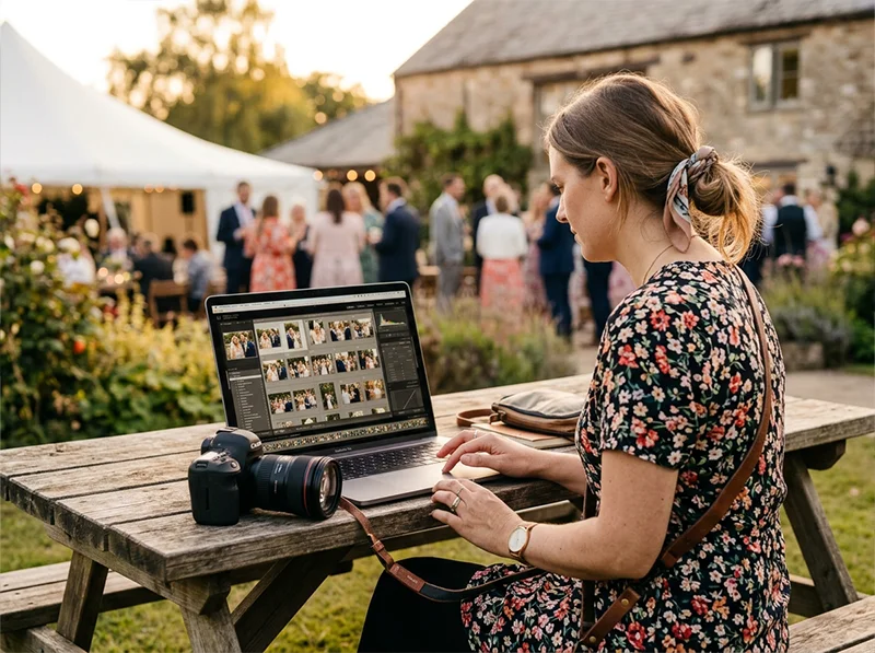 Professional photographer on a wedding shoot reviewing images in Lightroom Classic on a laptop 